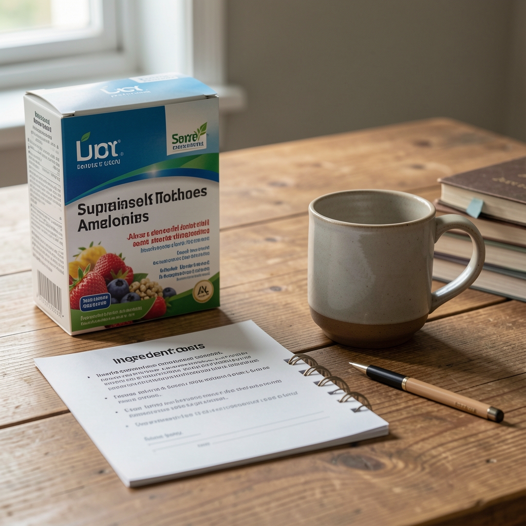 Warm London workspace with supplement packaging, ingredient notes and a ceramic mug on a wooden desk