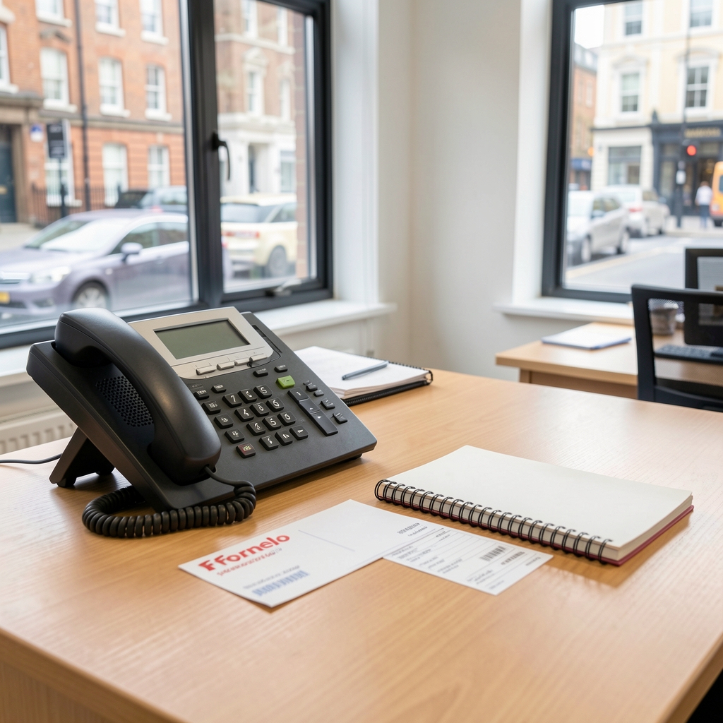 Fornelo customer service desk with telephone, parcel label and notebook in a bright London office