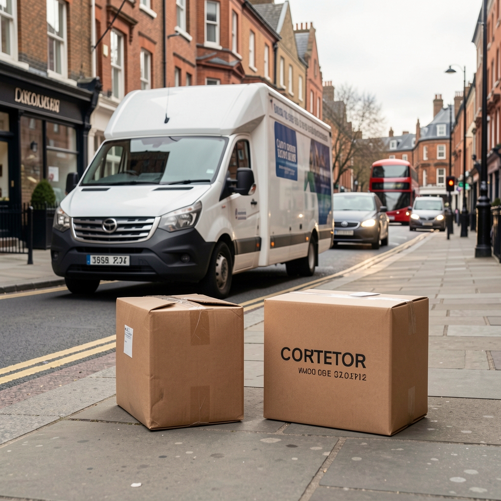 Discreet Fornelo parcel beside a courier card and a delivery van on a London street