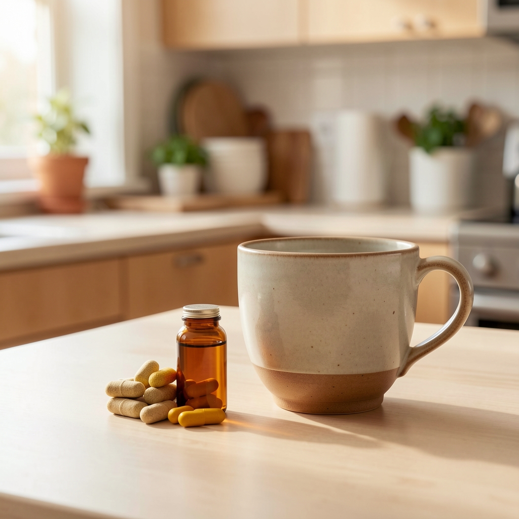 Turmeric Complex daily supplement beside a ceramic cup on a warm clean kitchen surface