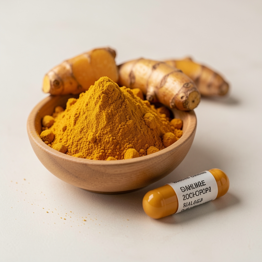 Golden turmeric root and fine turmeric powder in a small bowl beside a labelled supplement capsule