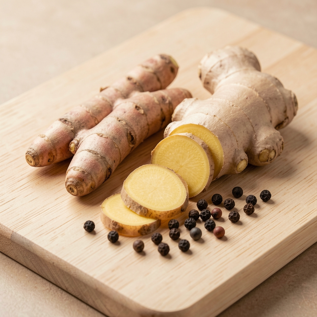 Fresh turmeric roots, sliced ginger and black peppercorns arranged on a pale wooden preparation board