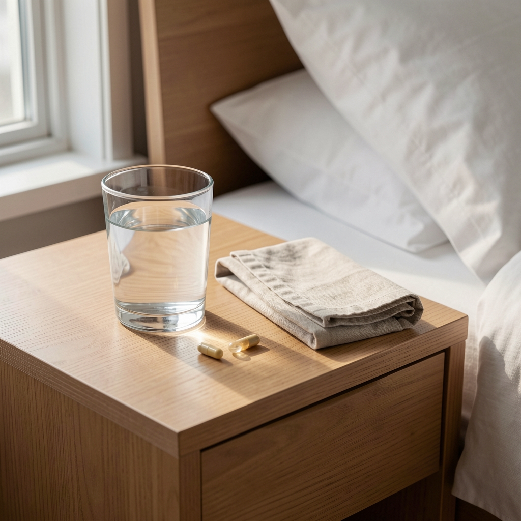 Morning routine with a glass of water, one capsule and a folded linen cloth on a bedside table