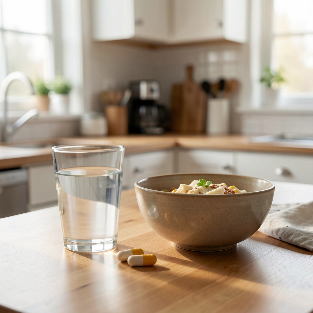 Glass of water and a Turmeric Complex capsule beside a breakfast bowl in a calm morning kitchen