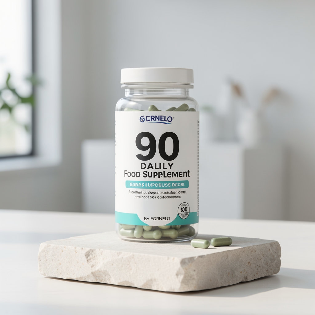 Turmeric Complex by Fornelo — 90 capsules daily food supplement pack standing on a pale stone surface