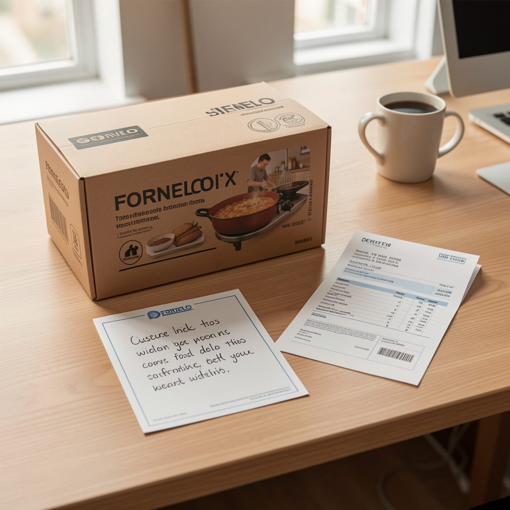 Fornelo package, handwritten customer note and delivery receipt arranged on a tidy desk